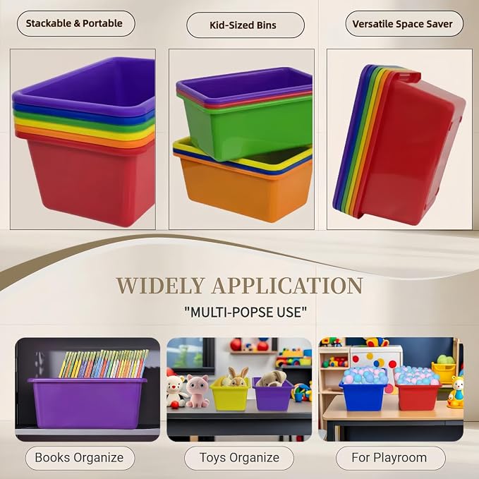 6 Pack Small Cubby Bins, Plastic Storage Containers for Classroom, Rainbow | Multi-Purpose Stackable Bin Organizer Storage Cubbies for Home, Playroom and Library, Shelf Bins, Book Bins