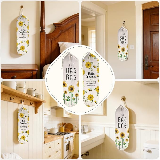 2Pcs Sunflower Plastic Bag Holder for Kitchen Essentials, Reusable Hanging Grocery Bag Organizer, Sunflower Gifts for Women, Washable Large Grocery Trash Bags Storage Dispenser