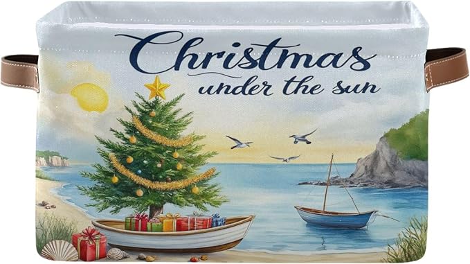Christmas Beach Time Storage Basket with Waterproof Liner and PU Handles Xmas Tree Summer Theme Storage Bins Boxes 14.2" Collapsible Decorative Organizer Baskets for Bedroom Closet Office 1 Pack
