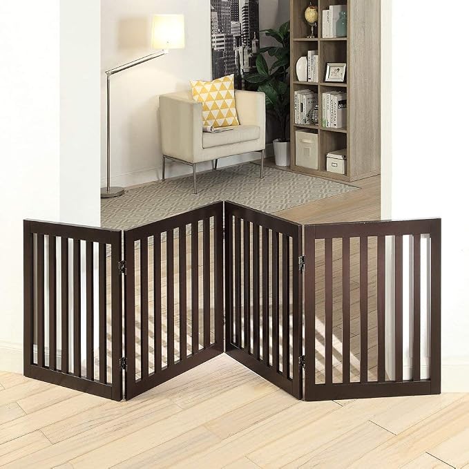 unipaws 24”H Free Standing Pet Gate for Dog Cat, 80”Wide Wooden Dog Gates | Foldable Pet Fence for Doorway, Stairs, Step, Expandable Doggy Barrier, Indoor Use