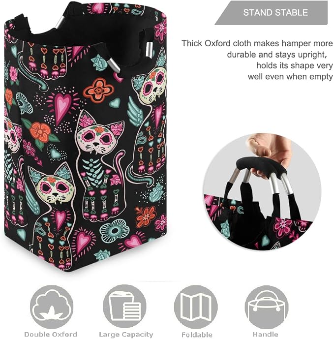 visesunny Collapsible Laundry Basket Sugar Skull Cat Flower Floral Large Laundry Hamper with Handle Toys and Clothing Organization for Bathroom, Bedroom, Home, Dorm, Travel