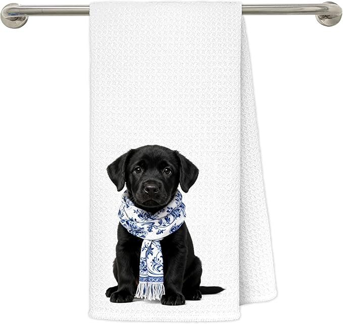 Chinoiserie Black Labrador Retriever Kitchen Towels 16x24 in, Black Lab Gifts, Gifts for Labrador Lovers, Grandmillennial Blue Scarf Dog Decorative Hand Tea Dish Towels for Bathroom Kitchen