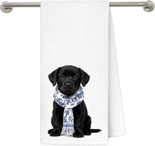 Chinoiserie Black Labrador Retriever Kitchen Towels 16x24 in, Black Lab Gifts, Gifts for Labrador Lovers, Grandmillennial Blue Scarf Dog Decorative Hand Tea Dish Towels for Bathroom Kitchen