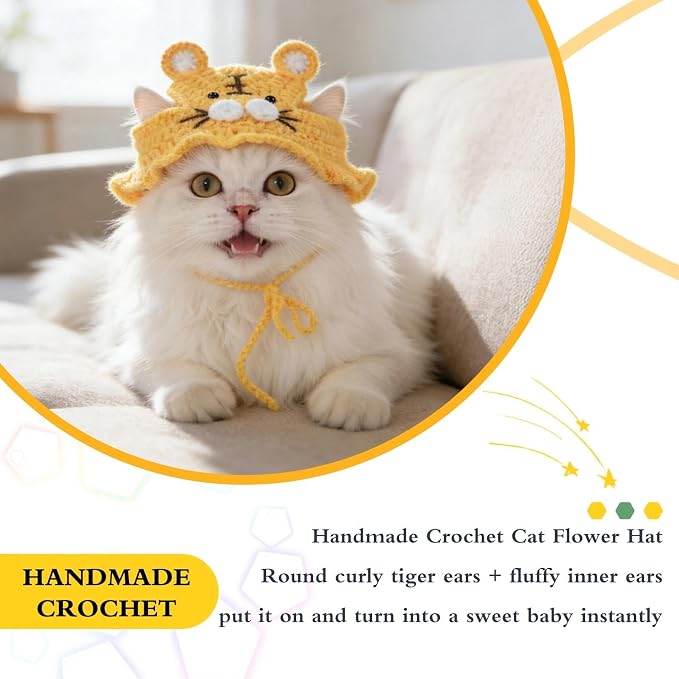 Tiger Cat Hat, Cotton & Soft Cute Knitted Hats for Cats Birthday Party Spring Puppy Hat for Small Pets (Yellow, M)