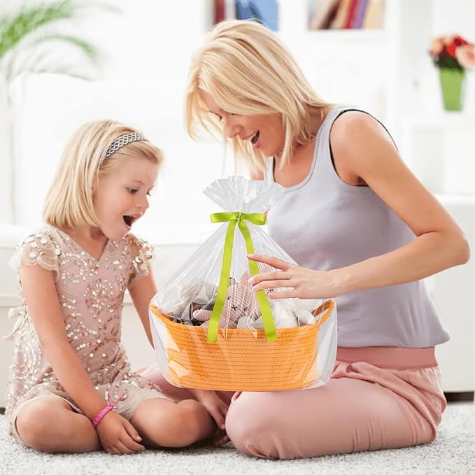 OIAHOMY Woven Basket, Gift Basket Empty with Gift Bags and Ribbons, Rope Baskets for Baby Showers, Storage Baskets with Handles for Nursery, Pet Toy Organizer - Orange