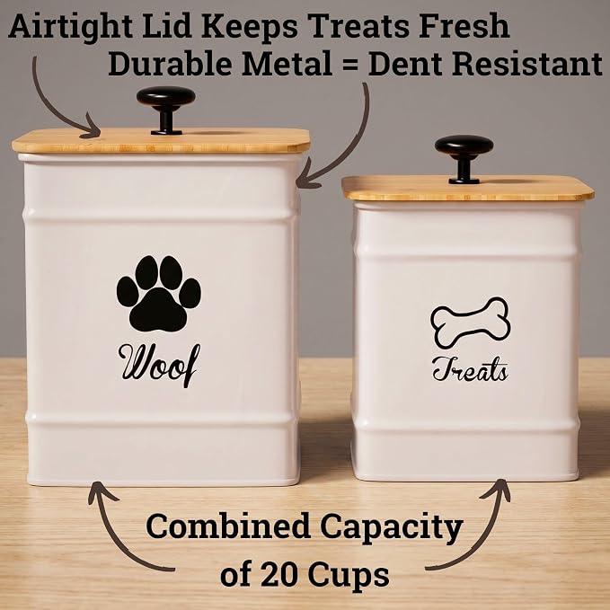 Dog Treat Container Set of 2 with Airtight Bamboo Lids - 8x6 & 7x5 inch | Fits All Popular Treats, Up to 20 Cups Combined Capacity, Airtight Bamboo Lid, Easy Open Lid, Dent-Resistant Durable Metal