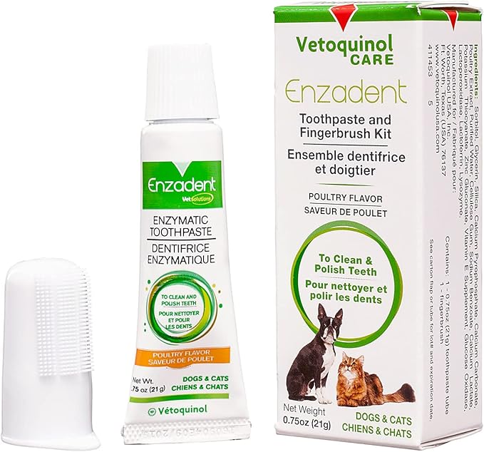 Vetoquinol Enzadent Enzymatic Toothpaste Kit + Fingerbrush for Cats & Dogs – .75oz, Poultry Flavor – Oral Dental Care Kit: Removes Plaque, Polishes Teeth & Freshens Breath