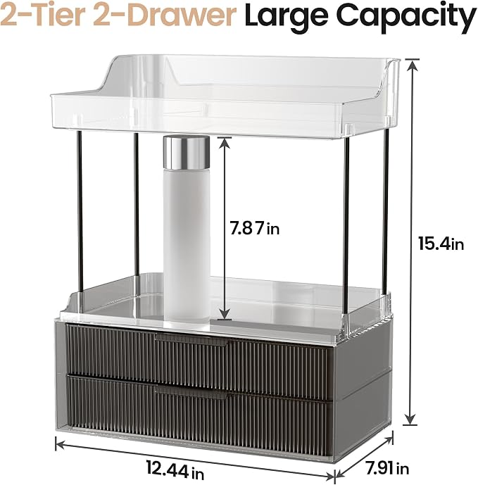 Delamu 4-Tier Makeup Organizer, Bathroom Counter Storage, 2 Drawers,Black | Elegant Vanity Organizer Gift for Women, Holds Perfume, Skincare, Nail Polish & Hair Accessories for Bathroom Countertop