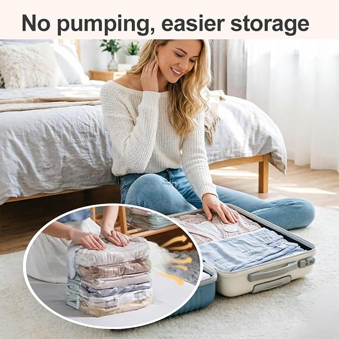 4pcs No-Pump Vacuum Storage Bags for Bedding Dorm Under Bed (L) | Space Saver up to 80%, Puncture-Resistant Film, Standing Cube Compression Design, Travel & Home Use, Manual
