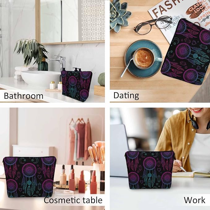 Dream Catcher Cosmetic Travel Bag For Toiletries, Native American Style Dreamcatcher Feathers Makeup Bag Toiletry Bags For Women, Flax Cosmetic Bags Make Up Bag Purse Toiletries Bag