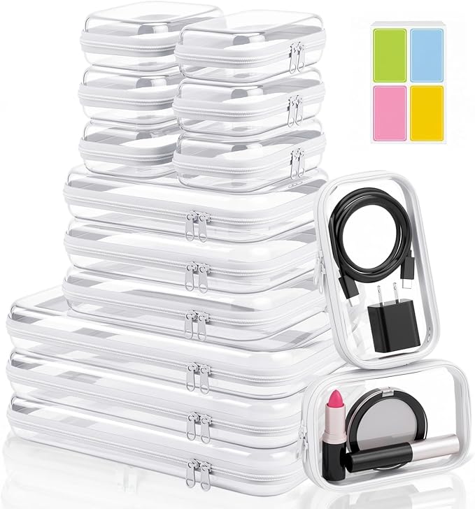 15 Pack Clear Hard Shell Zipper Case with 40 Labels, X-Large/Medium/Small Stackable Clear Pouches, Crush-resistant Travel Toiletry Bag Organizer for Makeup Board Games Electronics (White)