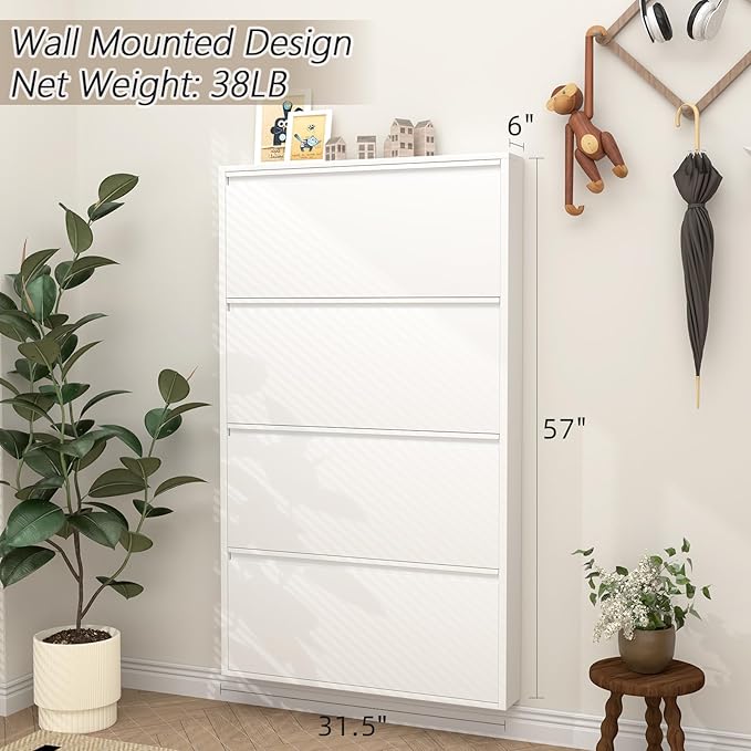 GREATMEET Shoe Rack for Closet, 6 Inch Slim Wall Mounted Shoe Cabinet, Narrow White Hidden Metal Shoe Storage with 4 Flip Drawers, Tall 57 Inch Steel Organizer Rack for Entryway Hallway Small Spaces