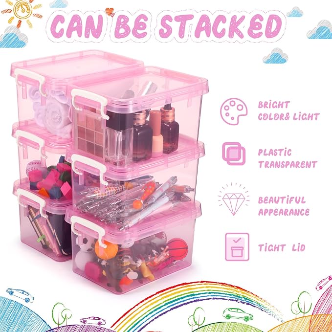 6 Pack Colorful Plastic Storage Bins with Lids 4 Quart Small Storage Latch Box Stackable and Nestable Clear Organizer Bins with Latching Handle and Buckle for Organizing(Pink)