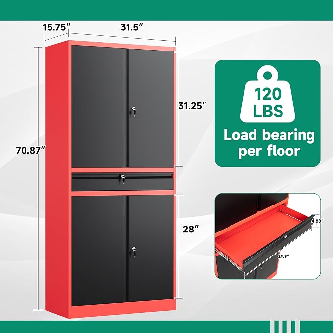 Metal Garage Storage Cabinet with Drawer,4 Door Tool Cabinet with Adjustable Shelves for Garage Home Office Utility Room (Red)