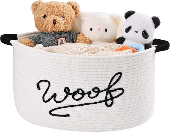 Woof Dog Toy Basket, Large Dog Toy Storage Bin with Durable Handles, Woven Dog Basket for Blankets, Toys, Chews, Pet Toy Storage Box for Nursery, Living Room, Bedroom, 17”x12”x9, White