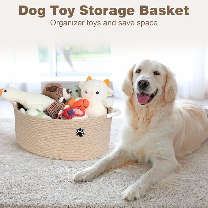 Optish 40L Extra Large Dog Toy Basket, 20" x 14" x 9" XL Toy Storage Box and Bin with Handles, Woven Cotton Rope Foldable Basket for Blankets, Living Room, Bedroom, Home Decor, Camel