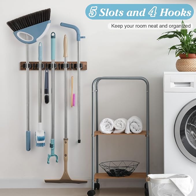 Brown Broom Holder Wall Mount - Heavy Duty Wood Mop and Broom Organizer with 5 Slots & 4 Hooks - Rustic Garden Tool Hanger for Laundry Room Closet Kitchen Garage Storage and Organization