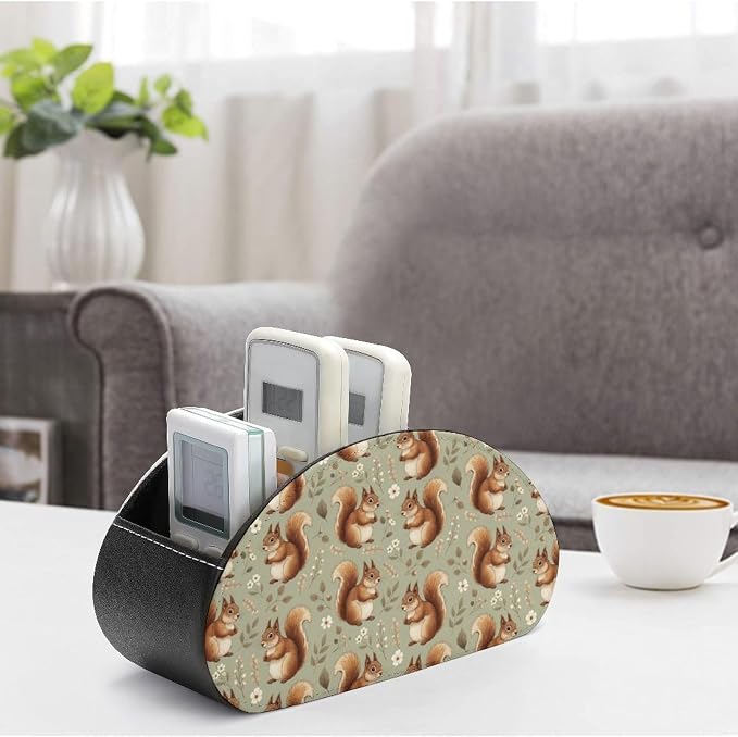 Pu Leather Remote Control Holder Box Squirrel Floral Desk Storage Caddy | with 5 Compartments, Squirrel Floral Office Supplies Table Decor for Media Player, Stationery, Makeup Brush