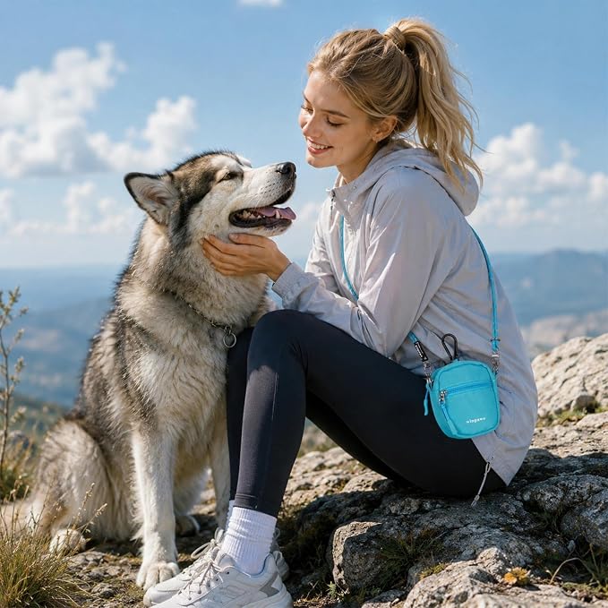 Dog Treat Pouch with Poop Bag Holder, Small Crossbody Bag for Puppy Training and Walking, Shoulder Strap Can Use as Dog Leash- Pet Travel Accessories, Metal Carabiner Attached (Blue) | 900D Oxford Fabric