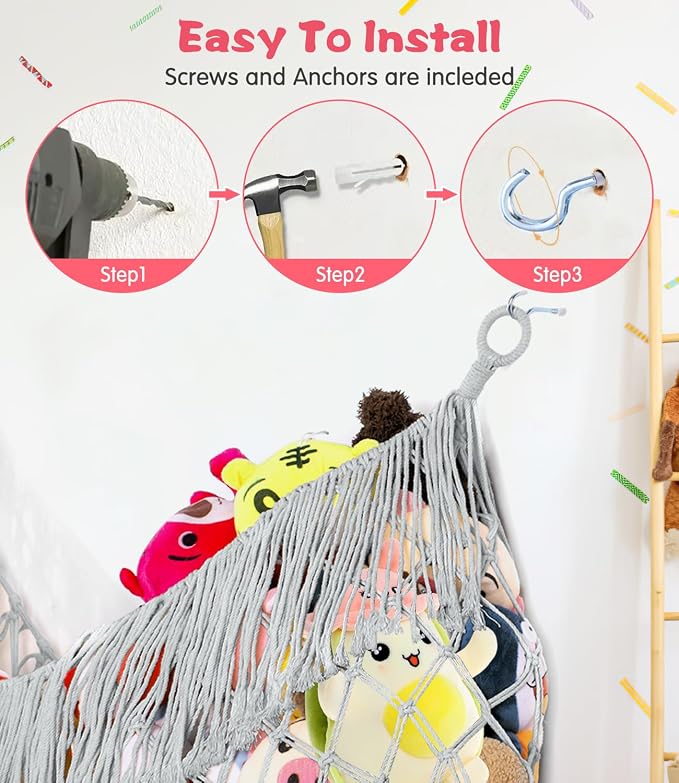 Stuffed Animal Hammock - Extra Large 63'' Long (Light grey) | Premium Cotton Hand-knitted, Beautiful Long Tassel, Storage Hanging Organizer, Can Fit Stuffed Animals 40 Piece or More