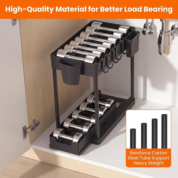 Under The Sink Organizer 2 Pack, 2 Tier Sliding Under Cabinet Organizer | Pull Out Under Sink Storage Multi-Use Undersink Organizers for Countertop, Bathroom, Pantry and Office Organization
