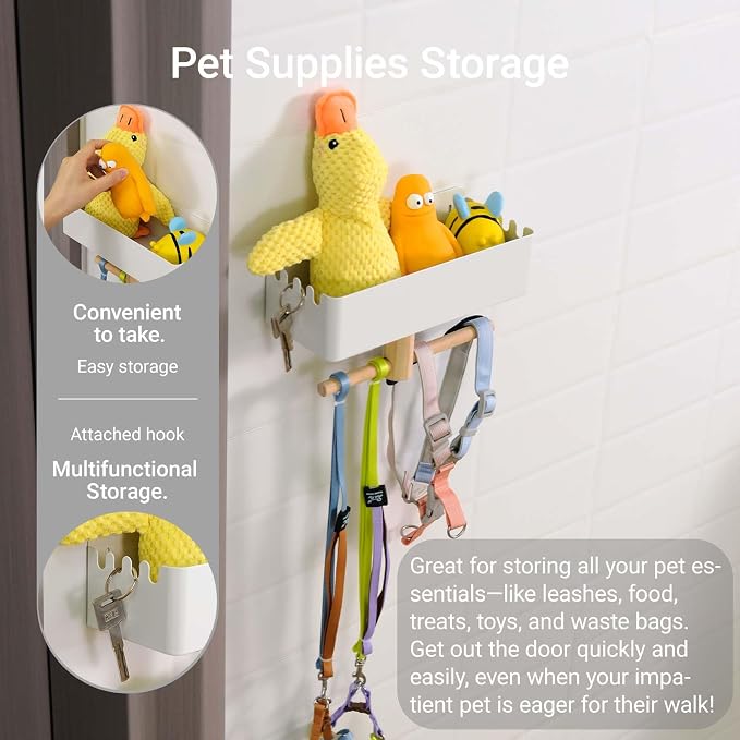 Dog Leash Holder for Wall, Dogs Leash Hooks, Dogs Leashes Shelf Organizer, Pet Stuff Organizer with Shelf Storage, Hooks for Entrance Living Room Kitchen-Gifts for Dog Lovers (White)