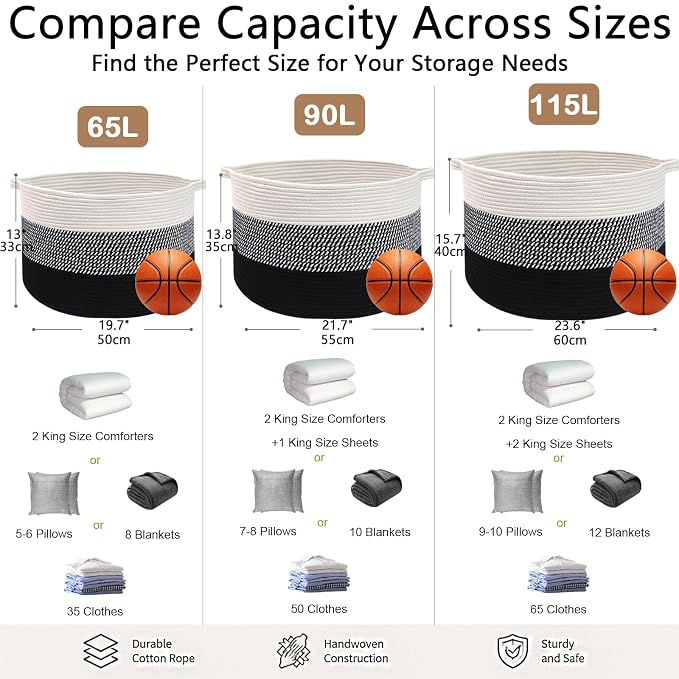 90L Extra Large Blanket Basket,Woven Laundry Basket-Mixed Black | Collapsible Nursery Storage Bin with Sturdy Handles, Organizes Clothes, Toys and Pillows for Living Room, Bedroom, Bathroom
