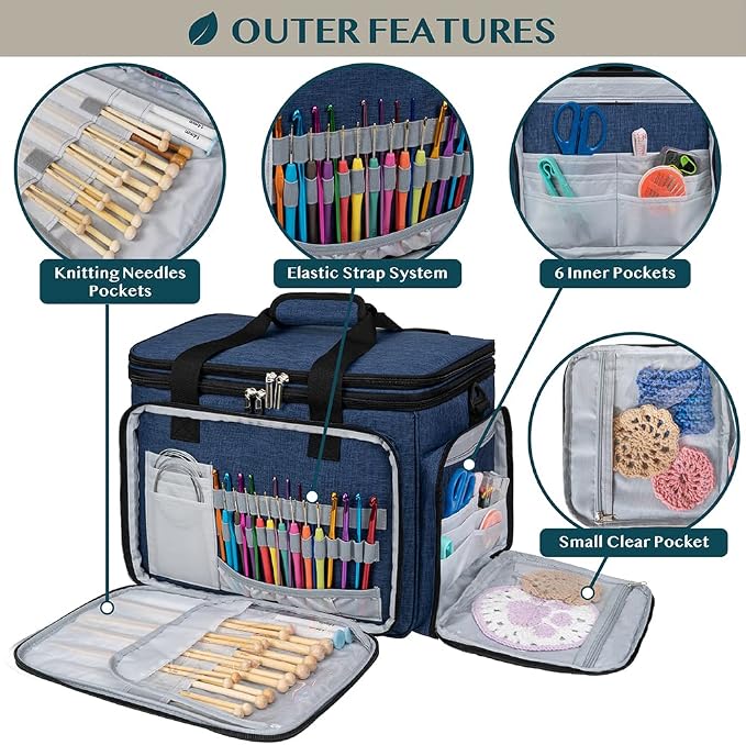 PAVILIA Knitting Bag Yarn Storage Tote, Large Crochet Organizer Bag, Yarn Storage Holder for Crocheting Knitter, Knitting Project Bag, Crochet Accessories Set, Gifts For Crochet Lovers, Heather Navy