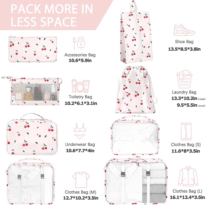 KPX 8 Set Packing Cubes for Travel, Luggage Packing Organizers Accessories Large Toiletries Bag for Clothes Shoes Cosmetics (Cherry)