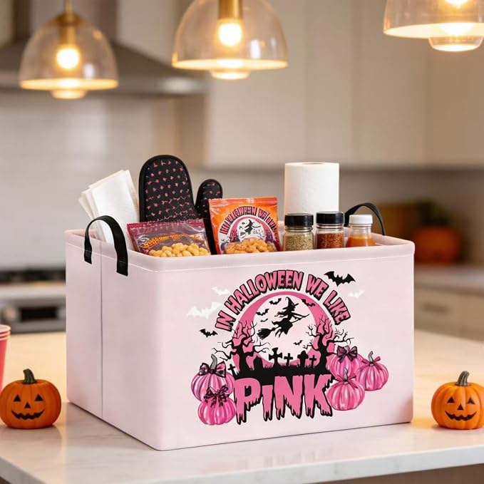 Pink Spooky Cute Witch Halloween Basket with Pumpkin Prints, Trick or Treat Storage basket for Gifts and Party Stuffers(Black Pink Halloween)