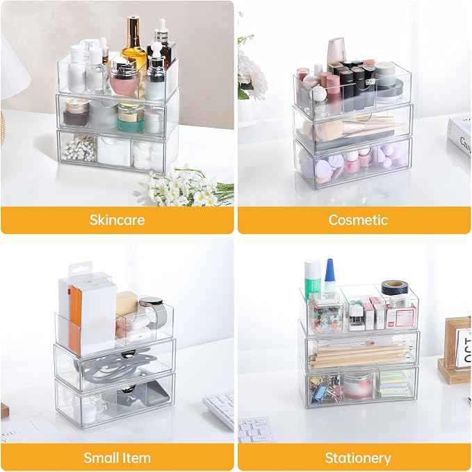PAVSTINE Clear Medicine Cabinet Organizer with Adjustable Dividers, for Pressed Powder/Lip Gloss/Mascara Storage