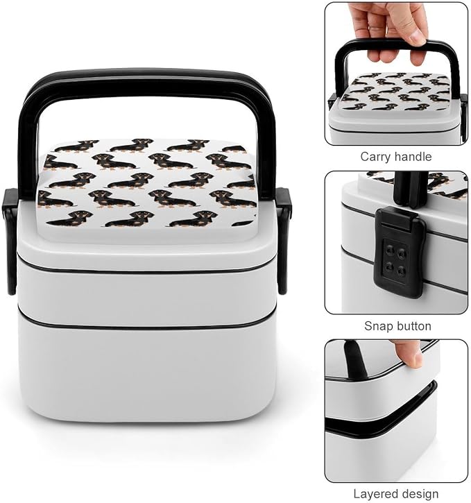 Dachshund Weiner Pet Dogs Double Layer Bento Box, 1000ml Stackable Leakproof Lunch Container with Spoon, Portable 2-Tier Food Storage Box for Office Work Picnic Camping and Travel