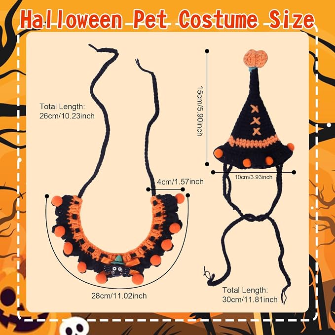 Kunyeah Halloween Pet Costume Set for Cats Small Dog Adjustable Knitted Hat Scarf Pumpkin & Witch Print Puppy Bib Cute Crochet Cat Collar Cap Pet Apparel Outfit (Orange-Ball)