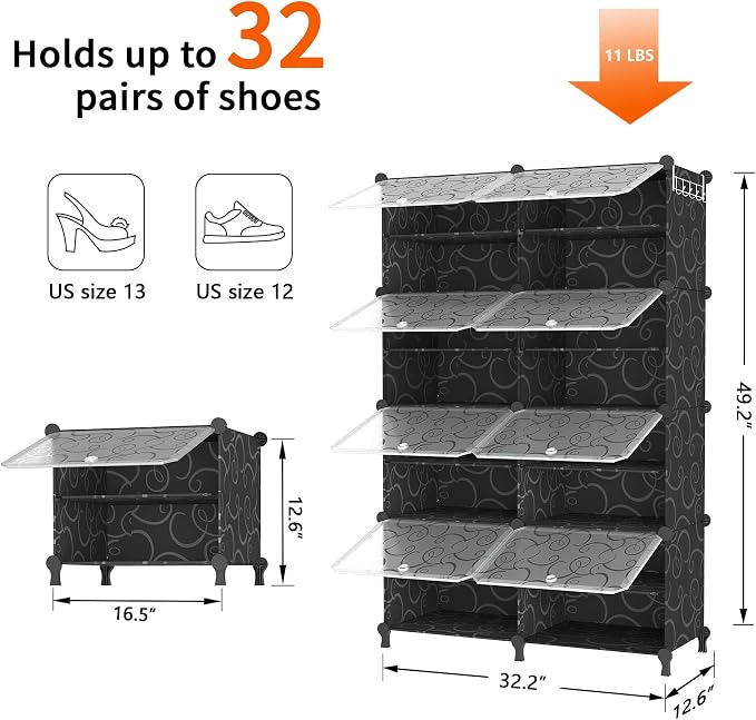 AWTATOS 8 Tiers Shoe Rack Organizer, 32 Pair Shoe Storage Cabinet, Black | DIY Stackbale Plastic Shoe Organizer Shelves for Closet Entryway Hallway Bedroom