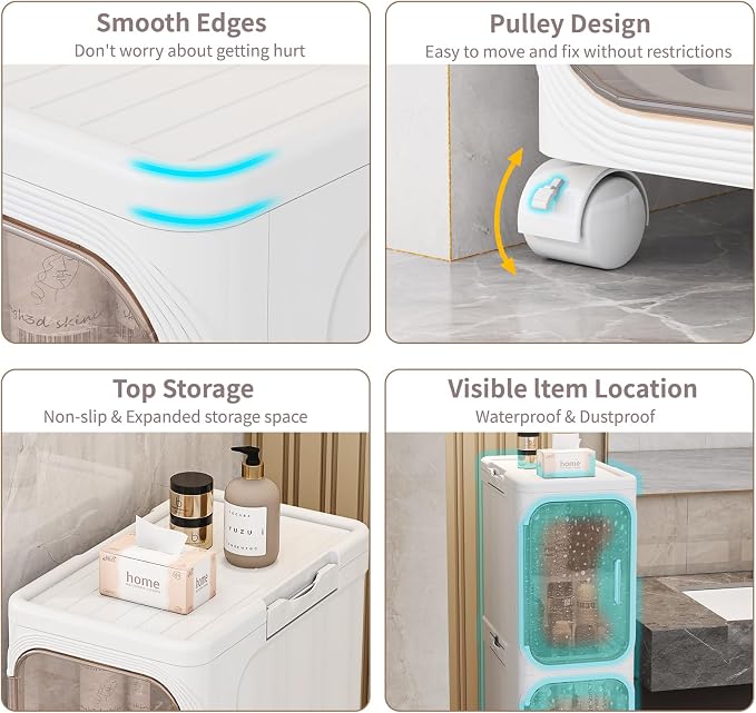 5 Tier Slim Bathroom Storage Cabinet, Foldable and Movable, White | Tools Free, ABS and PET, Magnetic Clear Door, Adjustable Shelves, Lockable Wheels, Water Resistant, For Narrow Space