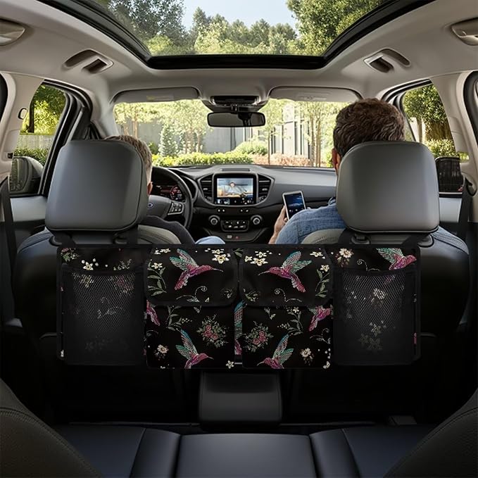 Dreaweet Stylish Hummingbird Flower Print Trunk Organizer for Car, SUV, Truck - 4 Pockets, 3 Adjustable Straps, Pink/Red