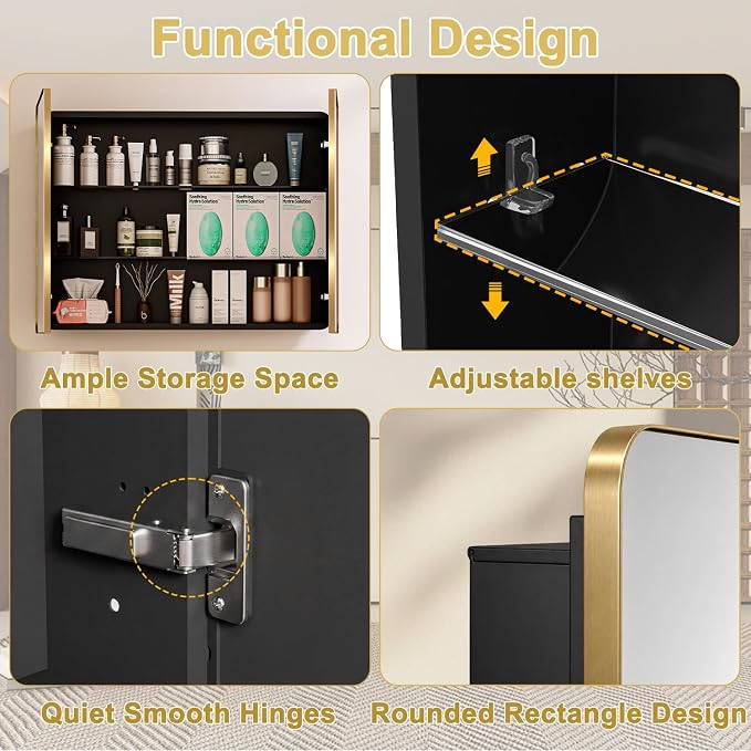 32x24 in Brushed Gold Double Door Medicine Cabinet with Mirror, Gold
