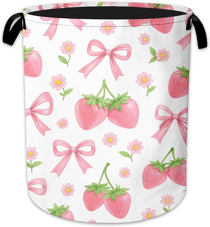 Laundry Hamper, Pink Strawberry Collapsible Bow Floral Laundry Baskets Waterproof Oxford Cloth With Handles, Clothes Storage Bucket For Bathroom/Bedroom 16" x 20.8"