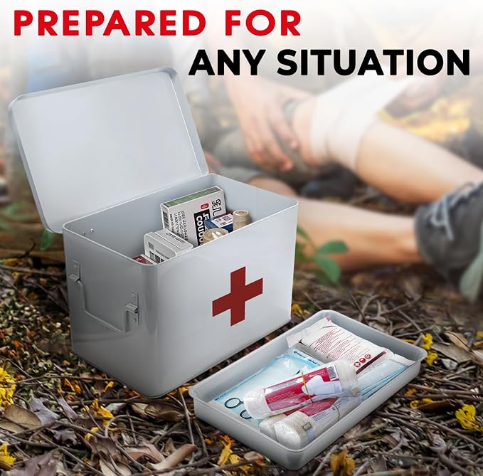 Plexon 8.5" Metal First Aid Box Empty, Medicine Storage Bin with Lid, Emergency Supplies Organizer, Portable First Aid Kit Case, White