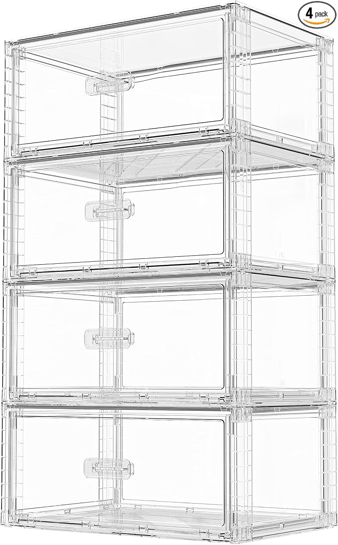 Vtopmart 4 Pack Large Clear Stackable Storage Drawers 23QT | Easily Assemble Plastic Closet Storage Bins, Dust-Proof UnderBed Organizer for Clothing, Sweater Organization