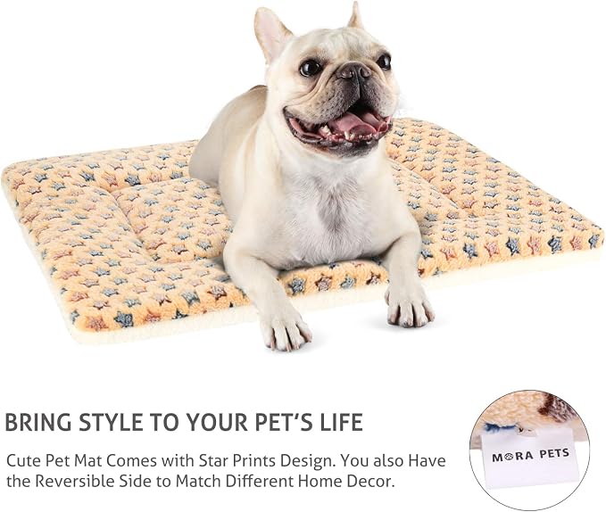 Mora Pets Dog Crate Pad Bed Ultra Soft Pet Mat Star Print Brown 29 x21 Inch | Washable Crate Mat for Small Medium Large Dogs, Reversible Fleece Dog Crate Kennel Mat Flat Cat Bed Liner