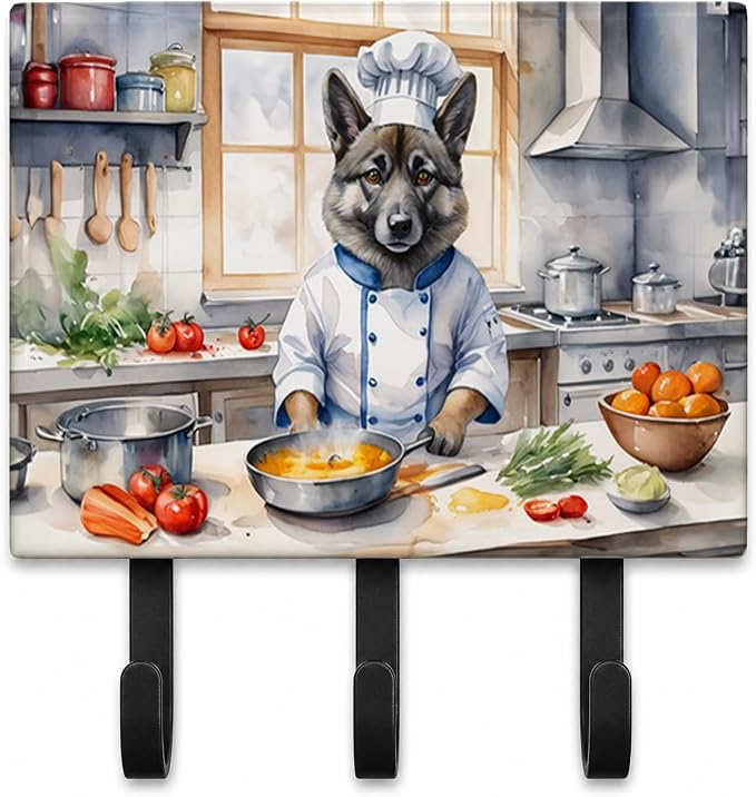 Caroline's Treasures Norwegian Elkhound The Chef Leash or Key Holder Wall Hooks, Key Hooks Holder, Coat Rack Wall Mount, Coat Hooks, Hooks for Hanging Keys, Towels, Aprons, Leashes | Norwegian Elkhound The Chef artwork on ceramic tile with three steel ...