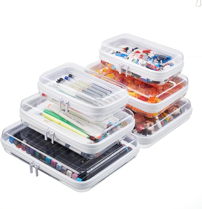MACOPRO 6PCS Clear Zipper Pouches, Christmas Item Storage Bins, Zippered Hard Pouch Double, Portable Makeup and Cosmetic Bag, Toy Storage Organizer Bins, Hard Plastic Case, Clear Zipper Bags