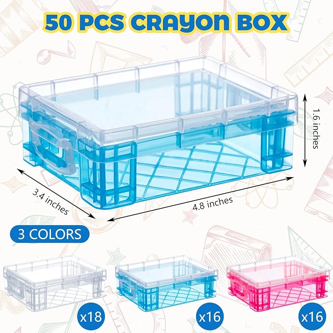 Suzile 50 Pcs Plastic Crayon Box with Lid 4.8 x 3.4 x 1.6, Clear,Red,Blue | Small Crayon Storage Containers Bulk, for Office School Classroom, Art Crafts Pen Pencil Organizers, Back to School Supplies