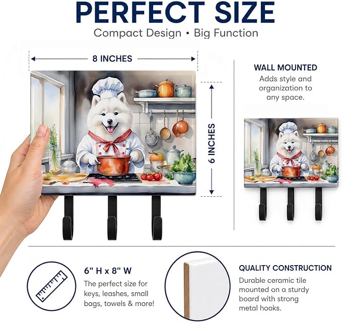 Caroline's Treasures Samoyed The Chef Leash or Key Holder Wall Hooks, Key Hooks Holder, Coat Rack Wall Mount, Coat Hooks, Hooks for Hanging Keys, Towels, Aprons, Leashes | Samoyed The Chef artwork on ceramic tile with three steel hooks for keys, leashe...