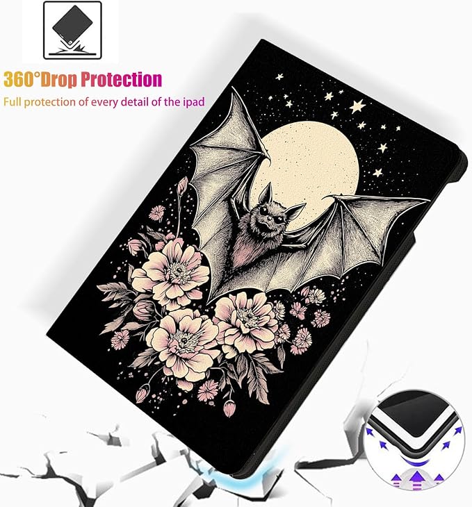 for Microsoft Surface Go 4/3/2/1-10.5" 2021 Tablet Case,Auto Wake/Sleep,Adjustable Stand Protective Cover - Bat Moon Floral