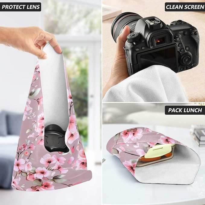 JIPONI Roamntic Peach Blossom Makeup Bag, Self-Adhesive Magic Wrap Cloth, Portable Cosmetic Organizer, Camera Lens Protector, Travel Storage for Beauty Essentials, 17.7"x17.7"