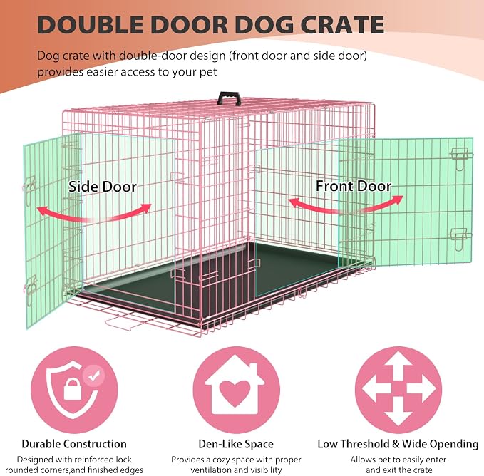 BestPet 30 Inch Dog Crates for Small Medium Dogs Folding Metal Wire Crates Dog Kennels Outdoor and Indoor Pet Dog Cage Crate with Double-Door,Divider Panel, Removable Tray and Handle,Pink