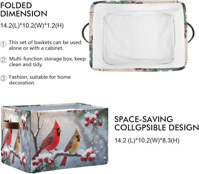 Winter Cardinal Birds Snow Storage Basket Fabric Laundry Baskets Christmas Tree Holly Berry Branches Storage Boxes Organizer Bag for Baby Cloth Dog Toy Book Storage Cubes Shelf Closet Bins 16×12×8