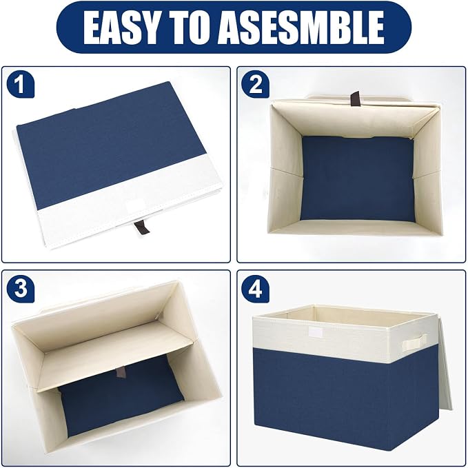 Large 42 Quarts Fabric Storage Bins with Lids [2-Pack] Linen Collapsible Foldable Baskets, Closet Organizer Containers boxes with Handles for Home Office (16.7 x 12 x 12, Navy Blue & White)